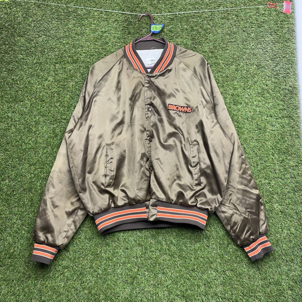 Vintage Cleveland Browns Chalk Line Satin Jacket Mens XL Brown Snap Close 90s